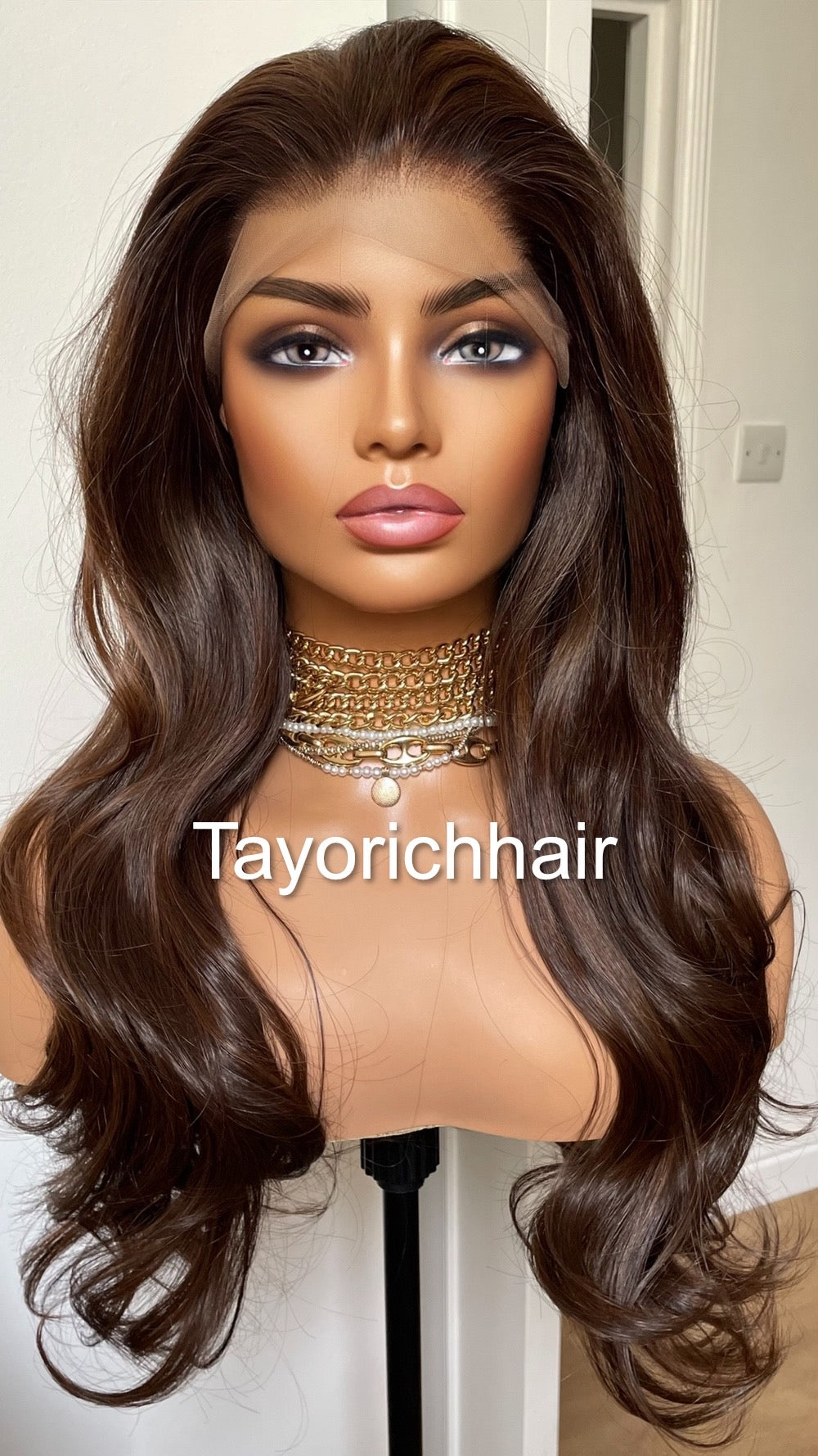 Dark Brown Bouncy Wavy Lace Frontal Wig With Light Brown Highlights-Free Part Heat Friendly Wigs For Women-Tayorichhair Wigs