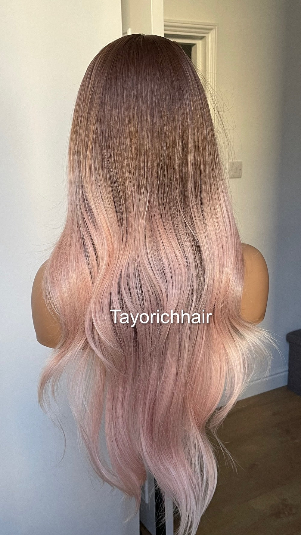 Ombre Baby Pink Lace Frontal Wig With Dark Brown Roots/ 13 by 6 Wide Lace Frontal/Pink Synthetic Wig/ Pink Wavy Hair wig By Tayorichhair