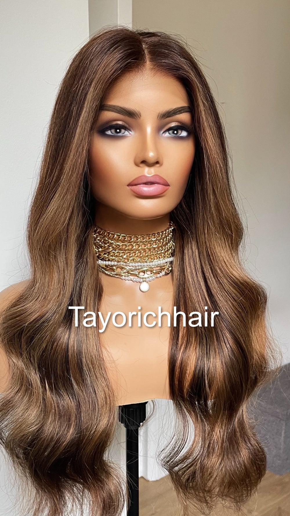 Brown Human Hair 13x4 Lace Frontal Wig With Blonde Highlights-22 Inches Wavy Hair Wig By Tayorichhair