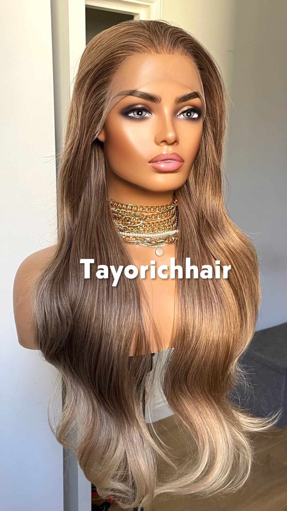 Honey Brown Wig With Blonde Highlights| Long Hair Comfortable Wigs For Women In 24Inches|13by6 Wide Lace-top Wig With Free Part| Pre-plucked Hair-Line Wigs By Tayorichhair