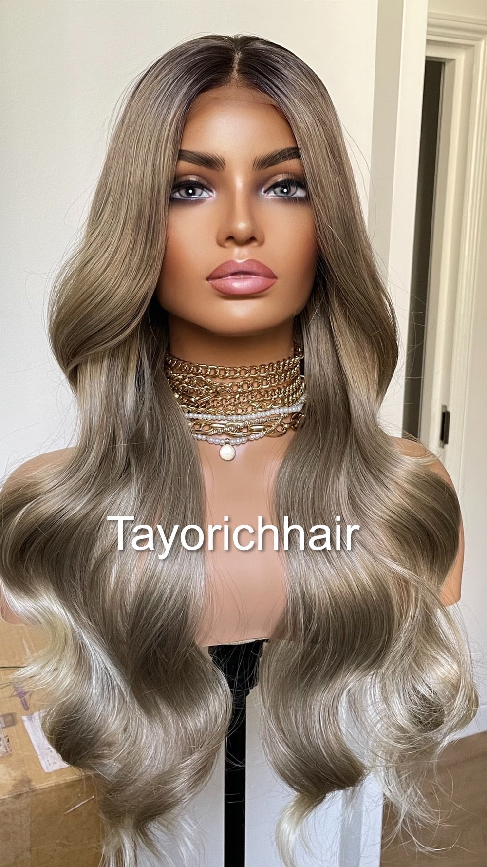 Dark Ash Blonde Synthetic Wig With Dark Roots/24 Inches Wavy Hair Lace Frontal Wig By Tayorichhair.