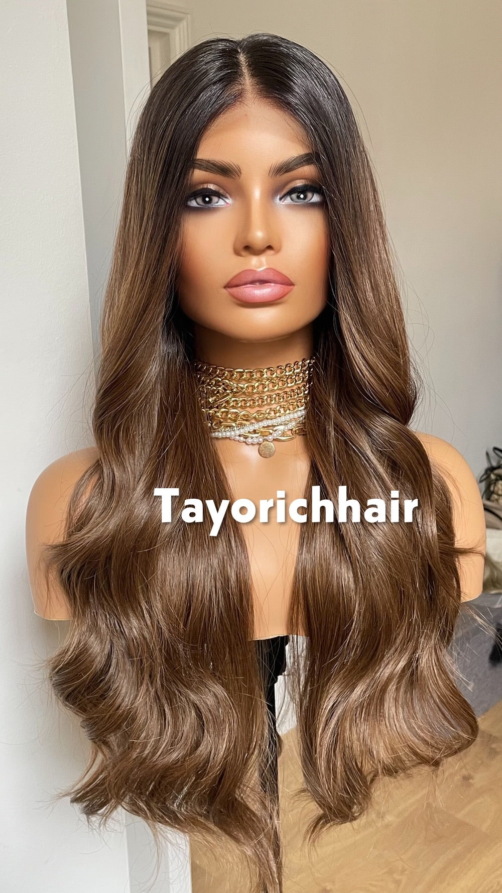 Ash Brown Synthetic Wig; Black Roots.