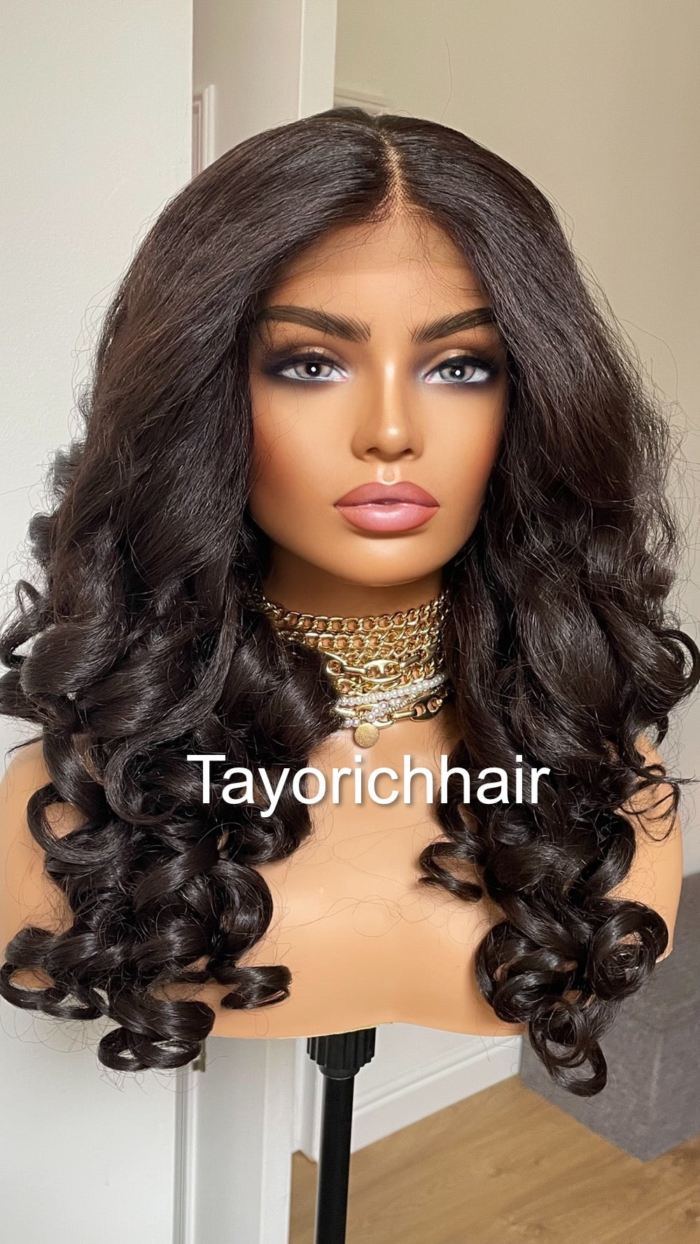 Brownish Black Bouncy Curly Hair Lace Frontal Wig/Heat Friendly Synthetic Wigs For Women/Full Big Bouncy Yaki Hair Wig By Tayorichhair