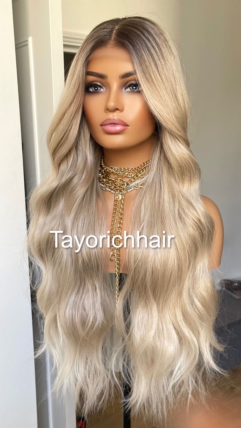Rooted Pearl Blonde Heat Friendly Synthetic Lace Frontal Wig With 13 By 6 Wide Lace/ Loose Wavy Blonde Hair Wig Fror Women/Tayorichhair Wigs