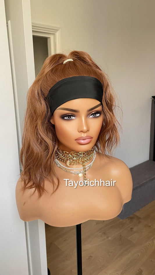 Auburn Ponytail Headbang Synthetic Wig/ No Lace Wig/ Auburn Brown Updo Heat Safe Synthetic Wig For Women/ Auburn Wavy Hair Wig
