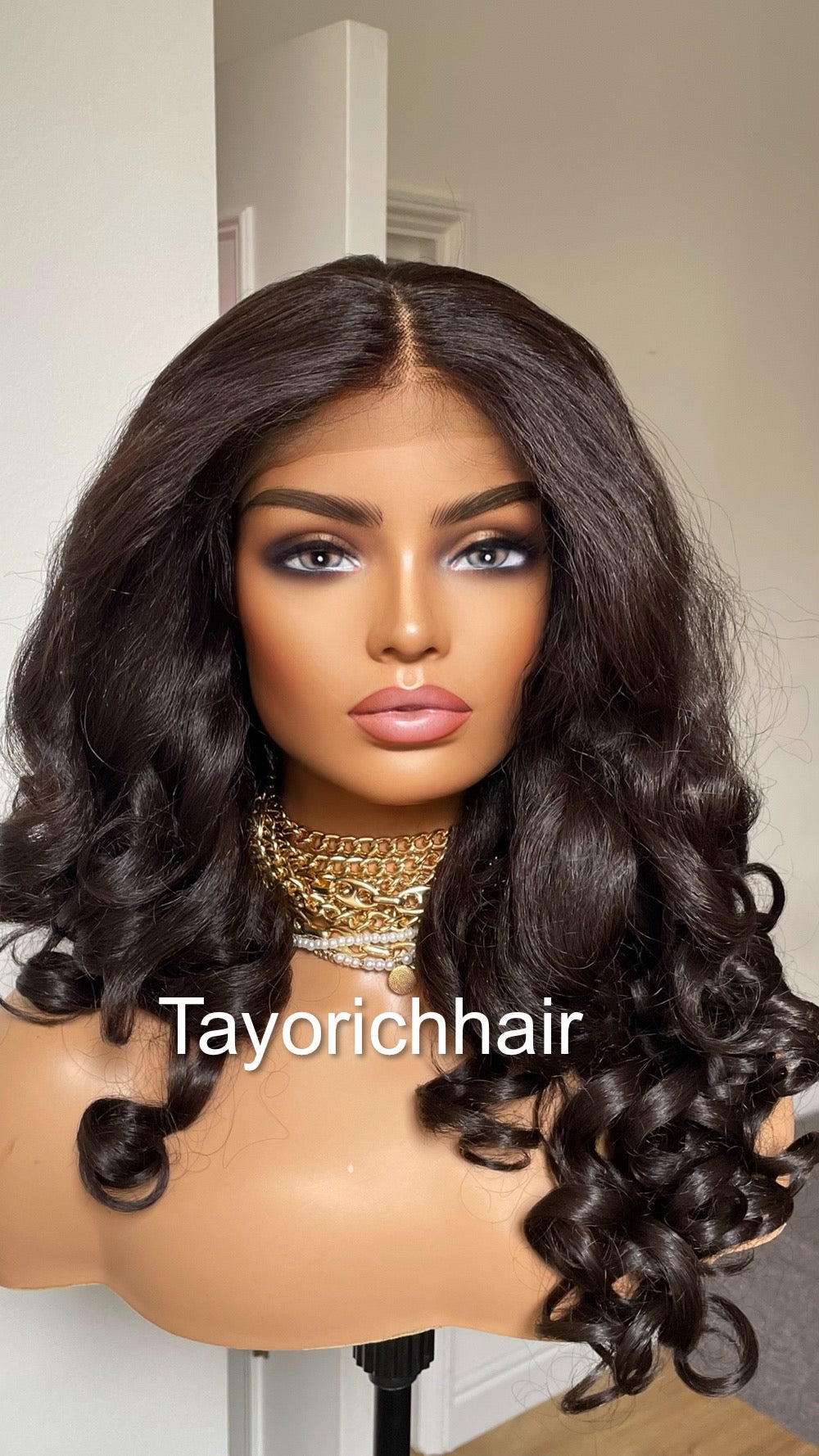 Brownish Black Bouncy Curly Hair Lace Frontal Wig/Heat Friendly Synthetic Wigs For Women/Full Big Bouncy Yaki Hair Wig By Tayorichhair