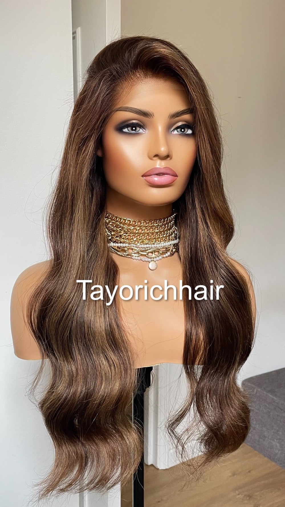 Brown Human Hair 13x4 Lace Frontal Wig With Blonde Highlights-22 Inches Wavy Hair Wig By Tayorichhair