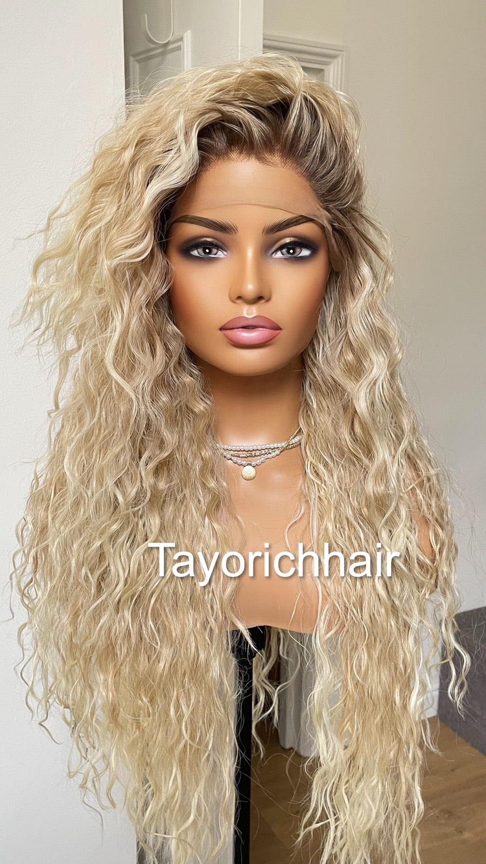 Mixed Blonde Curly Synthetic Lace Frontal Wig With Dark Roots/Lightweight Wig/Small Cap Size Long Curly Hair Wigs For Women By Tayorichhair