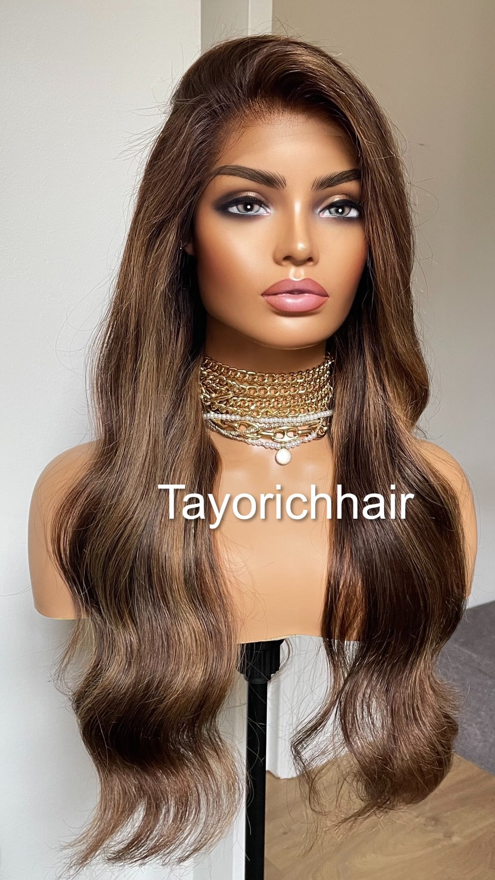 Brown Human Hair 13x4 Lace Frontal Wig With Blonde Highlights-22 Inches Wavy Hair Wig By Tayorichhair