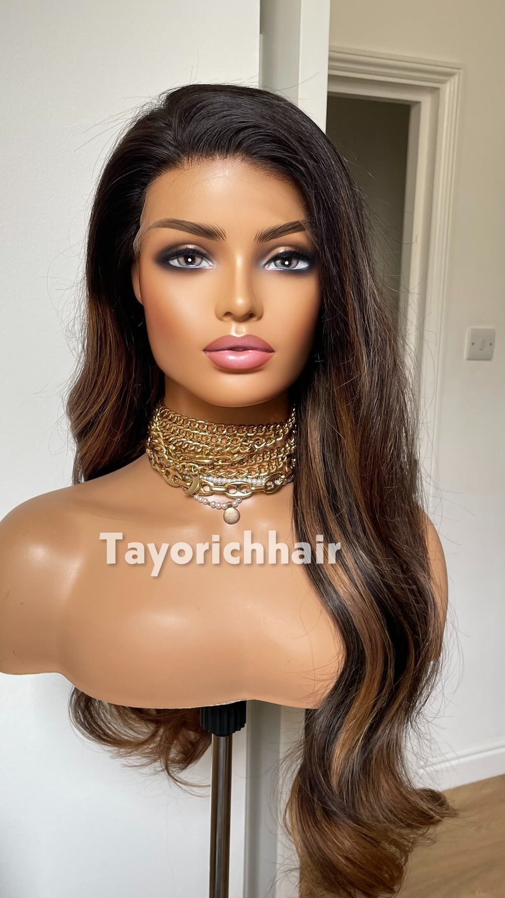 Black Human Hair Lace Front Wig with Blonde Highlights | 24” Wavy HD Lace Wig | 13x4 Glueless Wig | 100% Human Hair | Tayorichhair