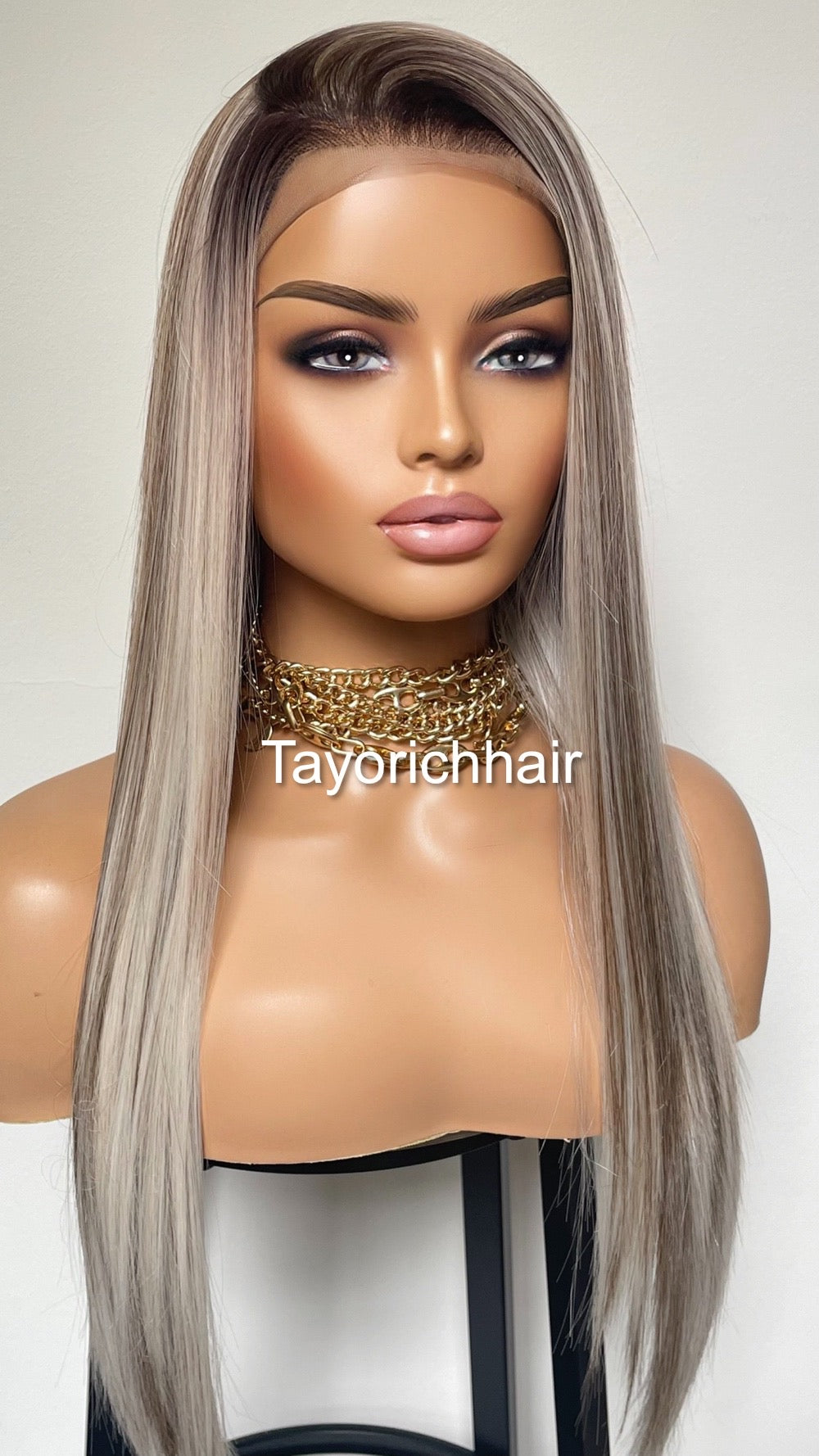 Balayage Ombré Lace Front Wig/ 13x3 Lace Front/ Ash White With Dark Brown Mixed/ Long Straigh Heat Safe Synthetic Wig/ Medium Large Cap Size