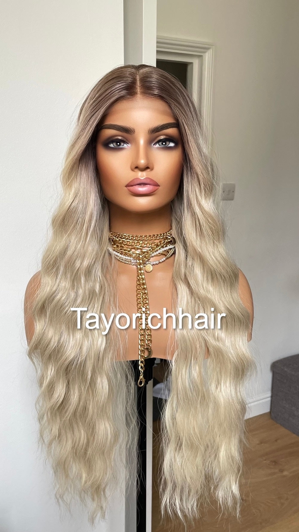Sun Kissed Platinum Blonde Lace Wig With Dark Roots/13 By 6 Wide Lace Heat Safe Synthetic Wig/Beach Waves Blonde Hair Wig By Tayorichhair