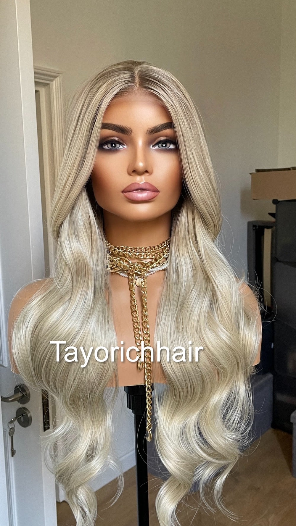 Platinum Blonde Lace Frontal Wig With Dark Ash Roots/Rooted Blonde Heat Friendly Synthetic Wig/ Blonde Bouncy Wavy Wig By Tayorichhair