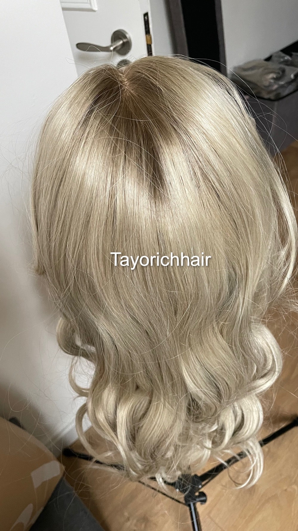 Platinum Blonde Lace Frontal Wig With Dark Ash Roots/Rooted Blonde Heat Friendly Synthetic Wig/ Blonde Bouncy Wavy Wig By Tayorichhair