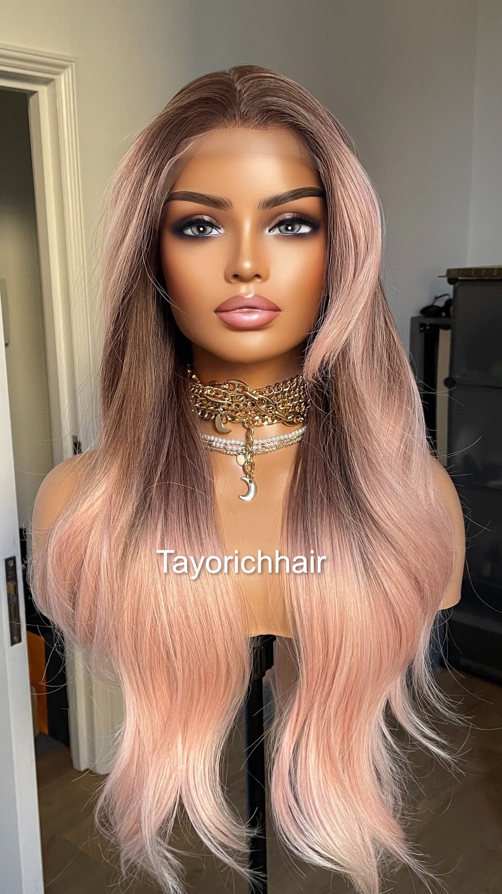 Ombre Baby Pink Lace Frontal Wig With Dark Brown Roots/ 13 by 6 Wide Lace Frontal/Pink Synthetic Wig/ Pink Wavy Hair wig By Tayorichhair