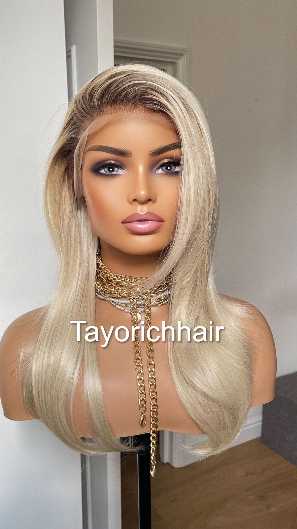 Sunkissed Light Blonde Lace Frontal Wig With Dark Roots/18 Inches Rooted Blonde Wig By Tayorichhair/Straight Blonde Wig With 13 By 4 Lace
