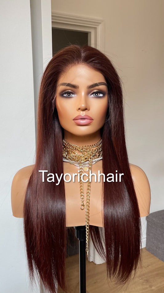 Black Dark Cherry Raw Human Hair Lace Frontal Wig In 18 Inches/13 By 6 HD Lace Frontal Free Part High Quality Human Hair Wig By Tayorichhair