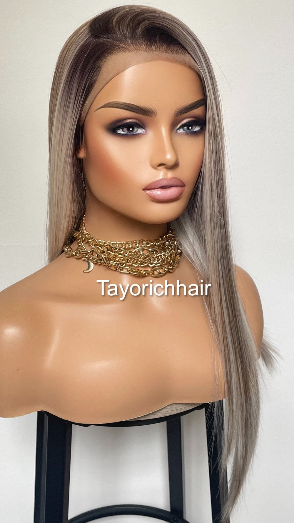Balayage Ombré Lace Front Wig/ 13x3 Lace Front/ Ash White With Dark Brown Mixed/ Long Straigh Heat Safe Synthetic Wig/ Medium Large Cap Size