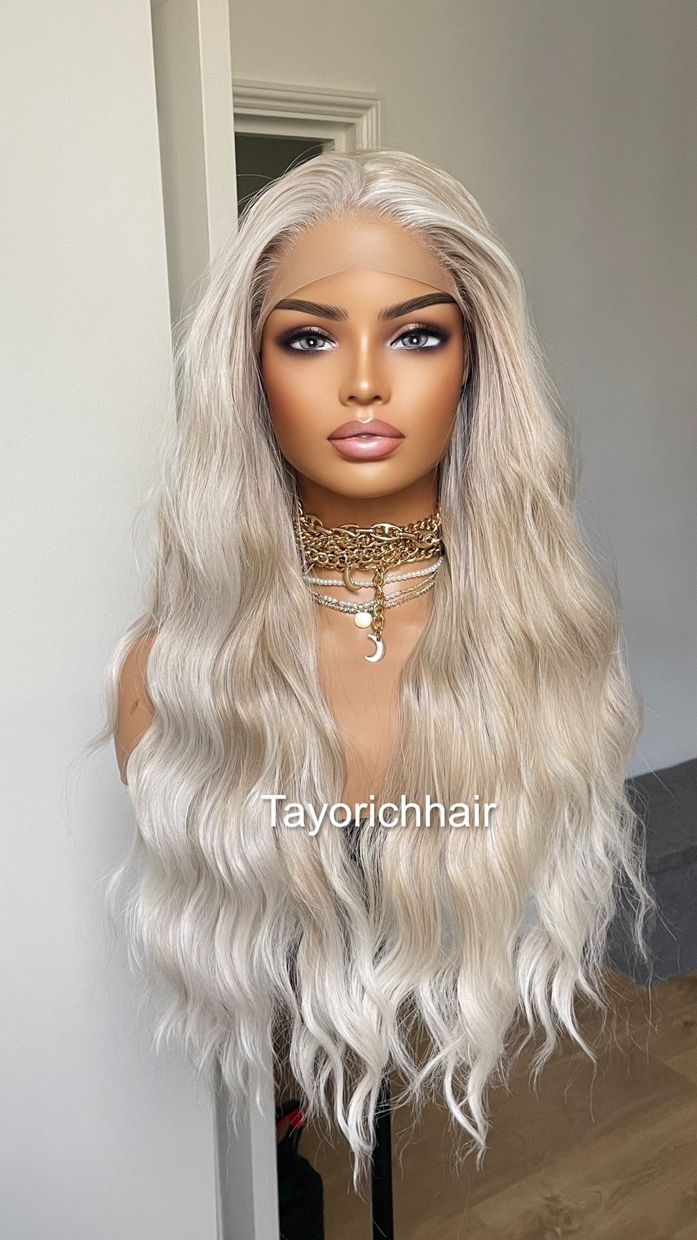 Pearl Blonde Lace Front Wig/Mixed Blonde Heat Safe Synthetic Wig/Ocean Wave Money Piece Lace Wig For Women