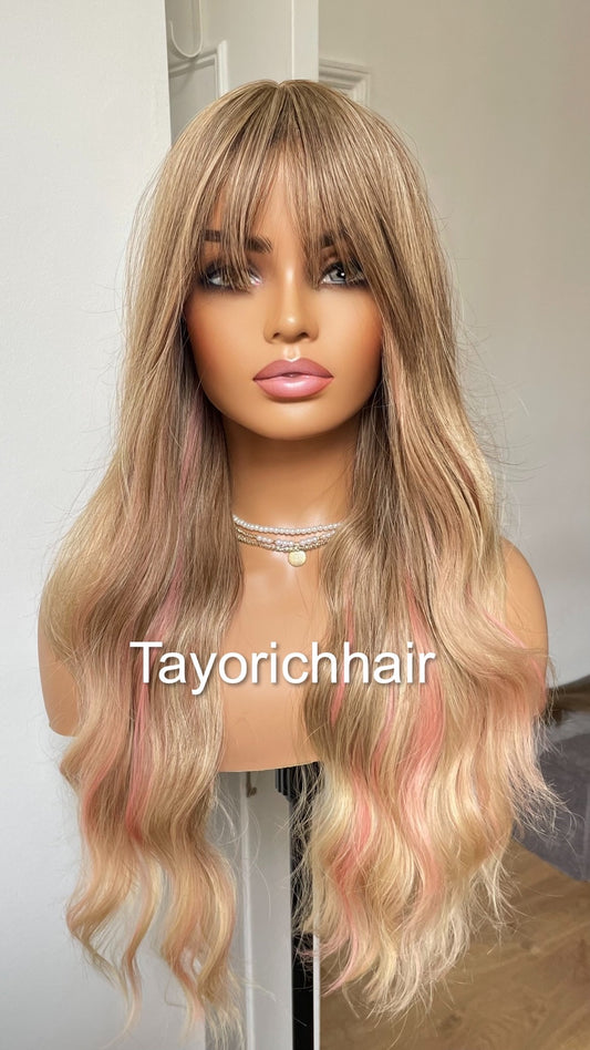 Ash blonde No Lace Wig With Bangs And Pink Streaks
