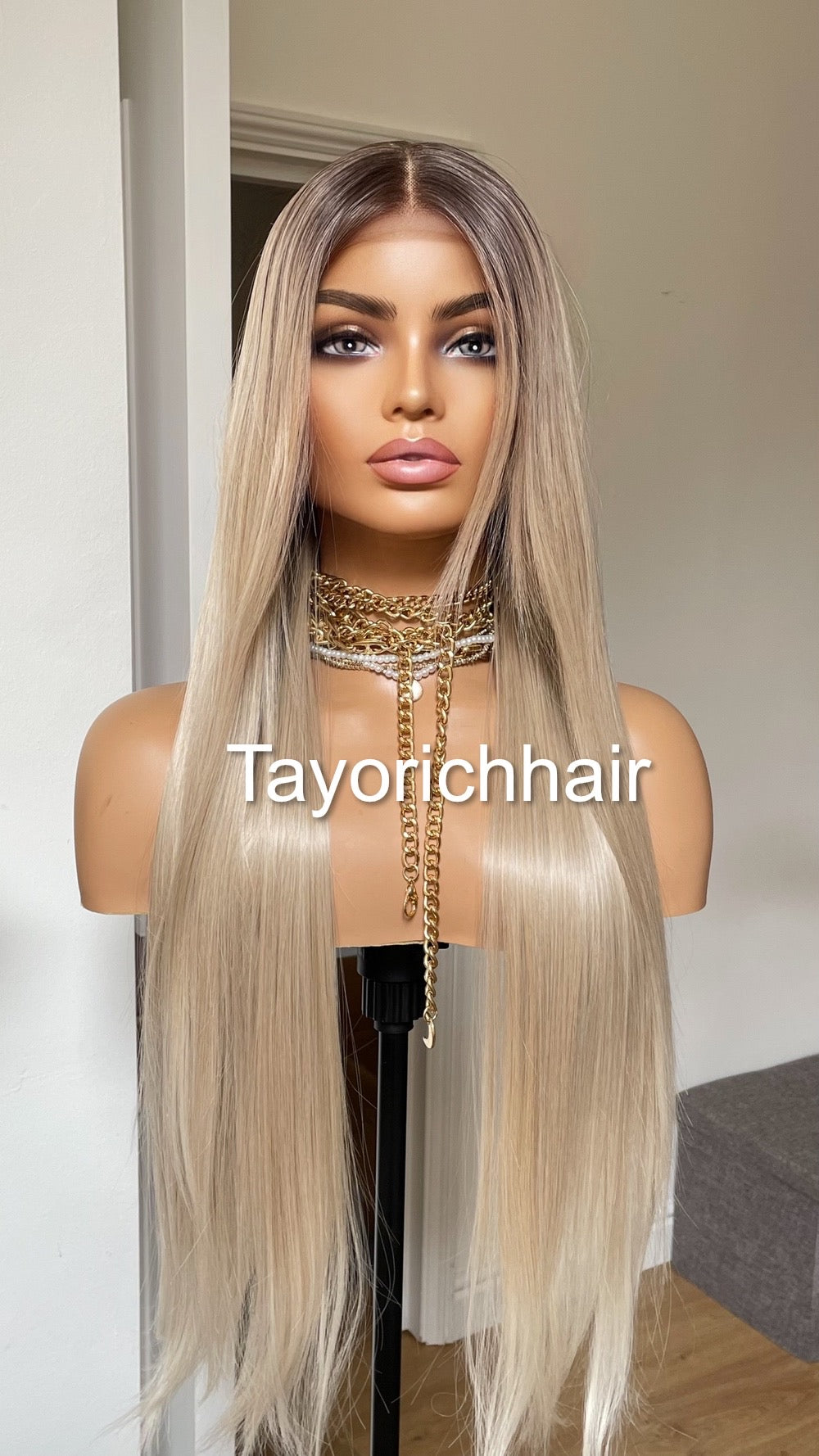 Rooted Pearl Blonde Heat Friendly Synthetic Lace Frontal Wig With 13 By 6 Wide Lace/ Straight Blonde Hair Wig Fror Women/Tayorichhair Wigs
