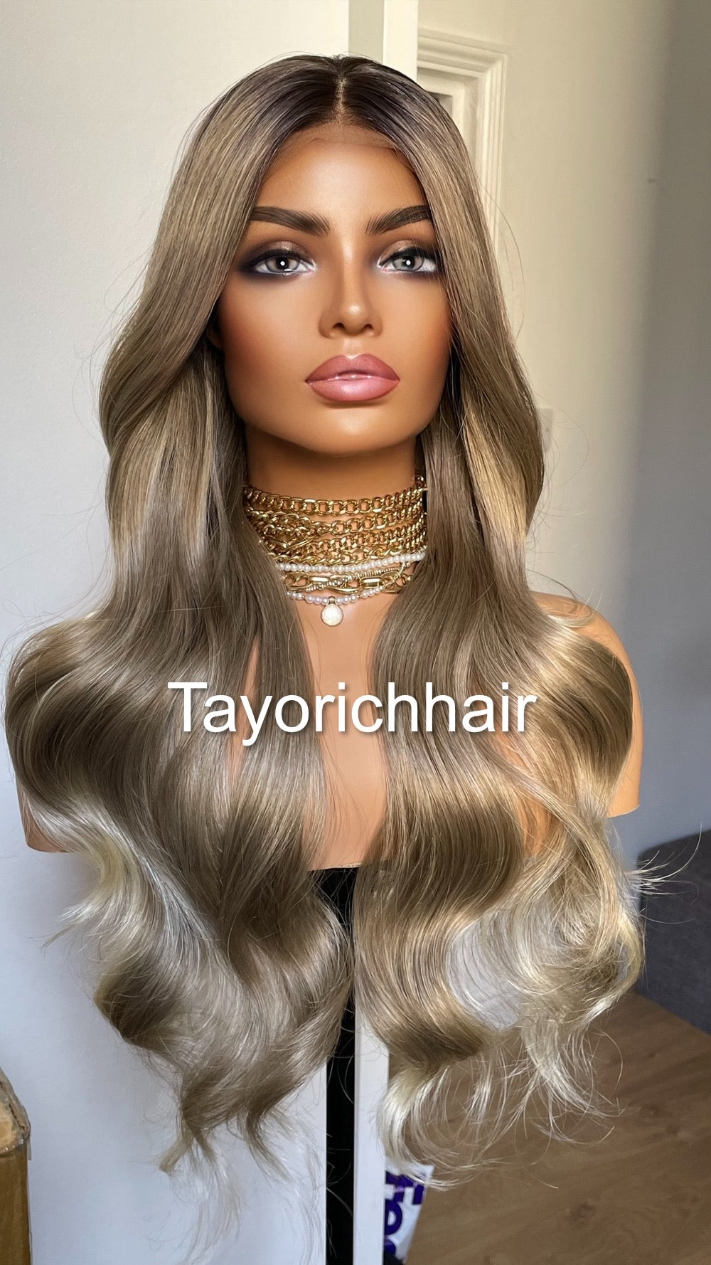 Dark Ash Blonde Synthetic Wig With Dark Roots/24 Inches Wavy Hair Lace Frontal Wig By Tayorichhair.