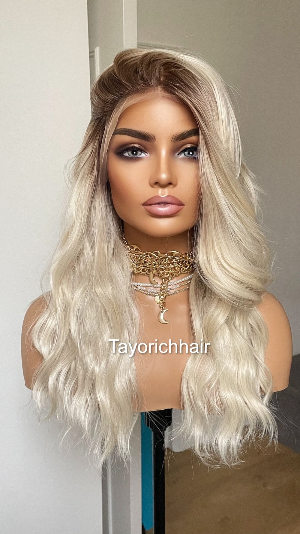 Platinum Blonde Lace Frontal Wig: 16" Loose Waves with Dark Roots