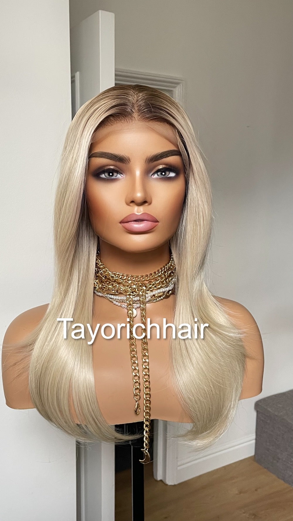 Sunkissed Light Blonde Lace Frontal Wig With Dark Roots/18 Inches Rooted Blonde Wig By Tayorichhair/Straight Blonde Wig With 13 By 4 Lace