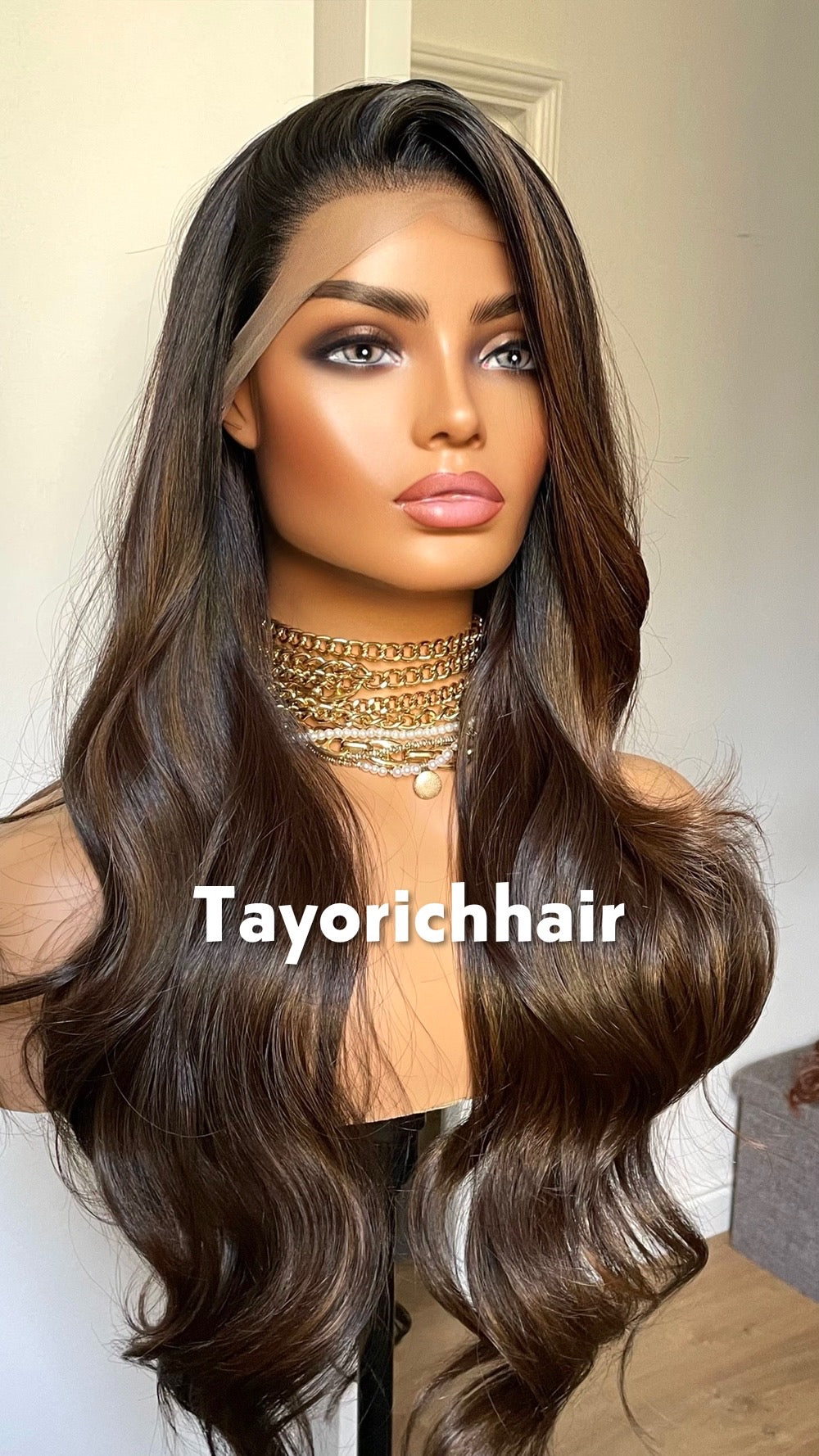 Darkest Brown Wavy Lace Wig: Black Roots, Heat Resistant Synthetic Hair.