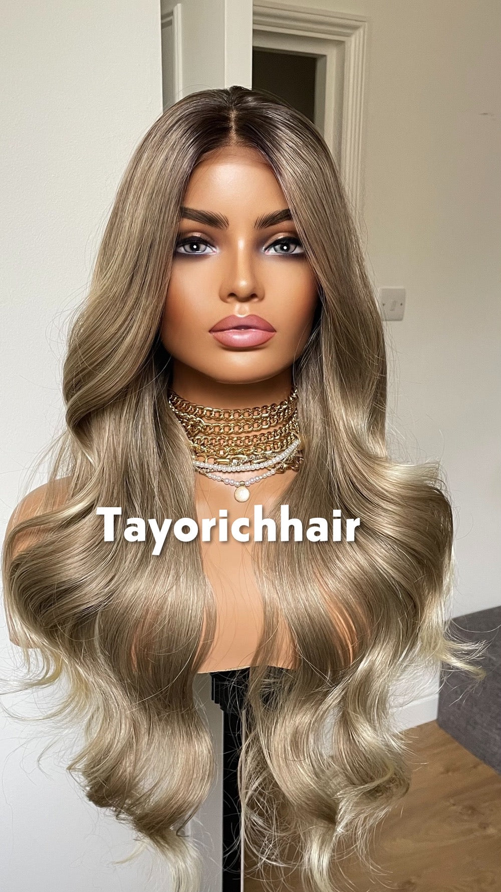 Dark Ash Blonde Synthetic Wig With Dark Roots/24 Inches Wavy Hair Lace Frontal Wig By Tayorichhair.