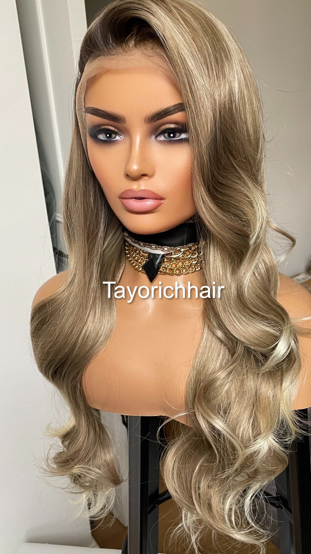 Dark Ash Blonde Synthetic Wig With Dark Roots