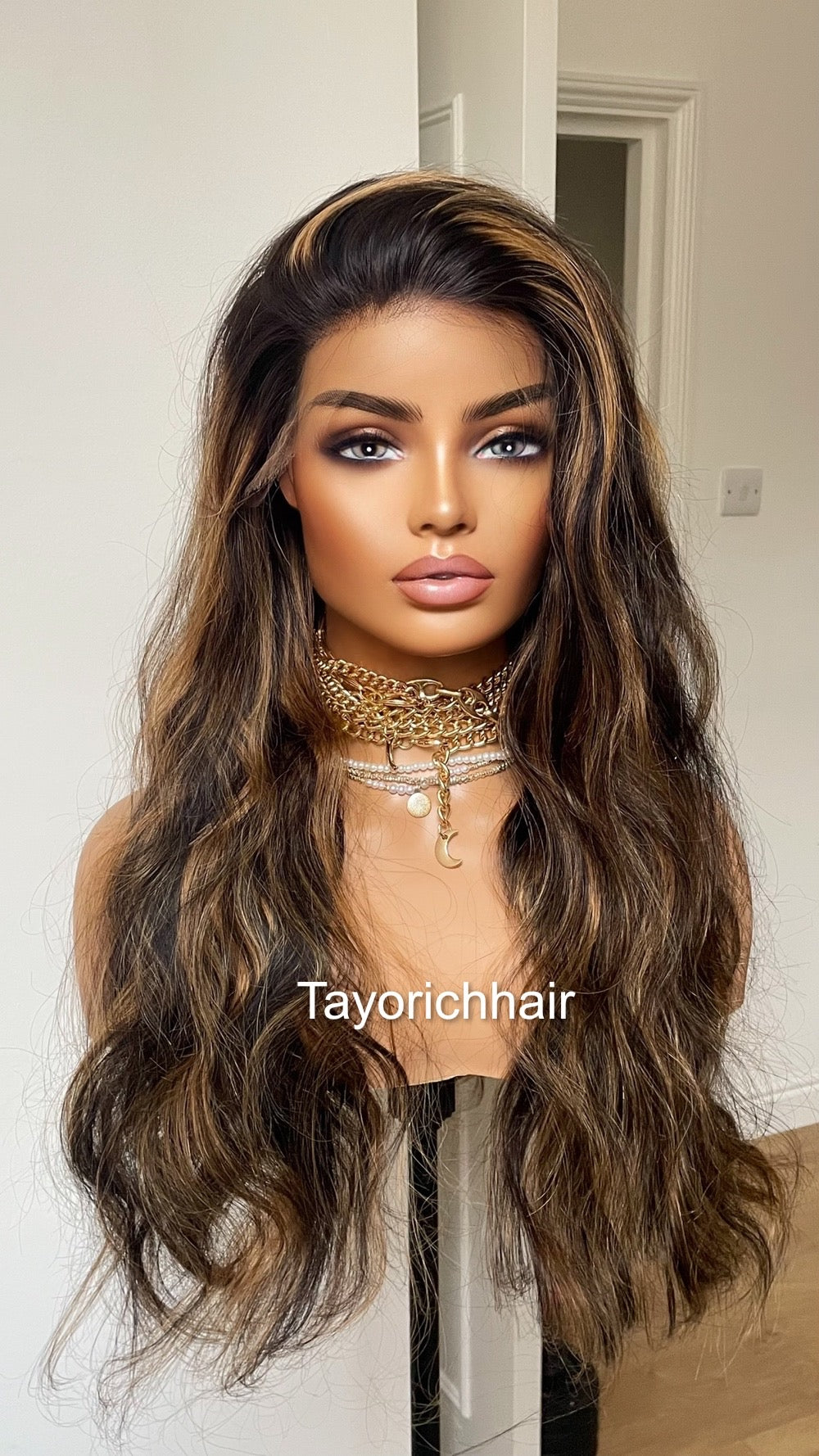 Black Wavy Human Hair Lace Frontal Wig With Blonde Highlights/ HD Lace Wig/ Real Human Hair Wig In 24 Inches/ Tayorichhair Human Hair Wig