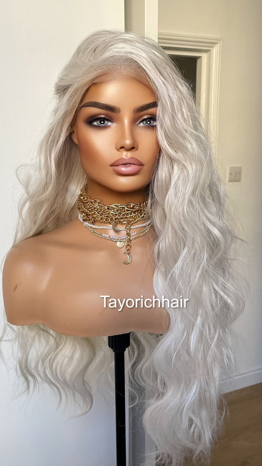 13 By 6 White Blonde Lace Frontal Wig/Loose Waves Hair/Heat Safe Synthetic Wig For Women/Free Part Wig With Free Part/Pre Plucked Hairline