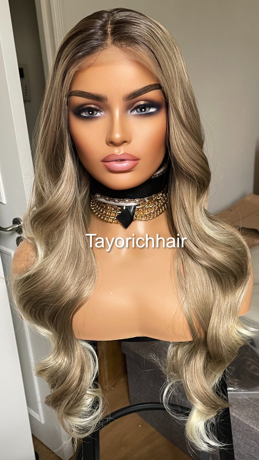 Dark Ash Blonde Synthetic Wig With Dark Roots