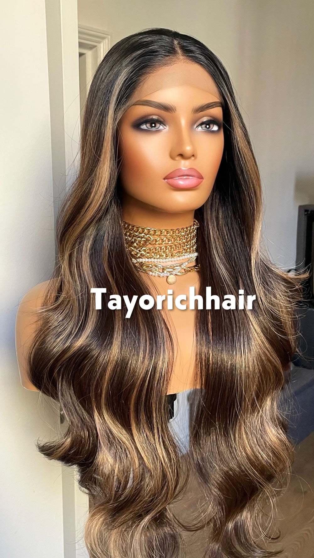 Money Piece Highlights: Dark Brown Wig With Dark Roots, 13by3 Lace Frontal