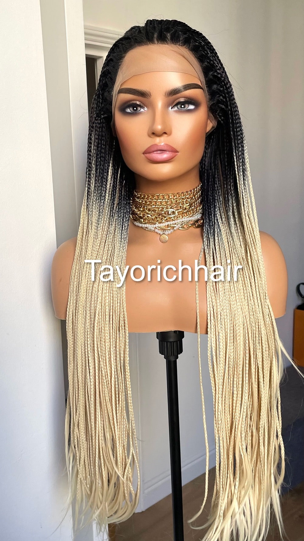 Ombré Braided Lace Wig Blonde And Black Braids/ Extra Long Synthetic Braids 28 Inches/READY FOR SHIPPING
