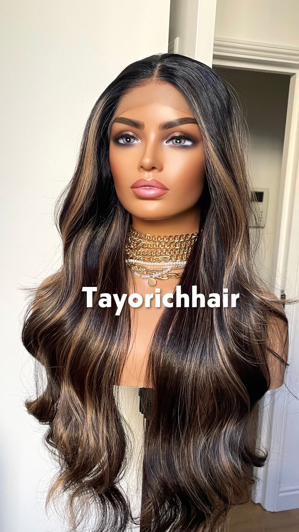 Money Piece Highlights: Dark Brown Wig With Dark Roots, 13by3 Lace Frontal