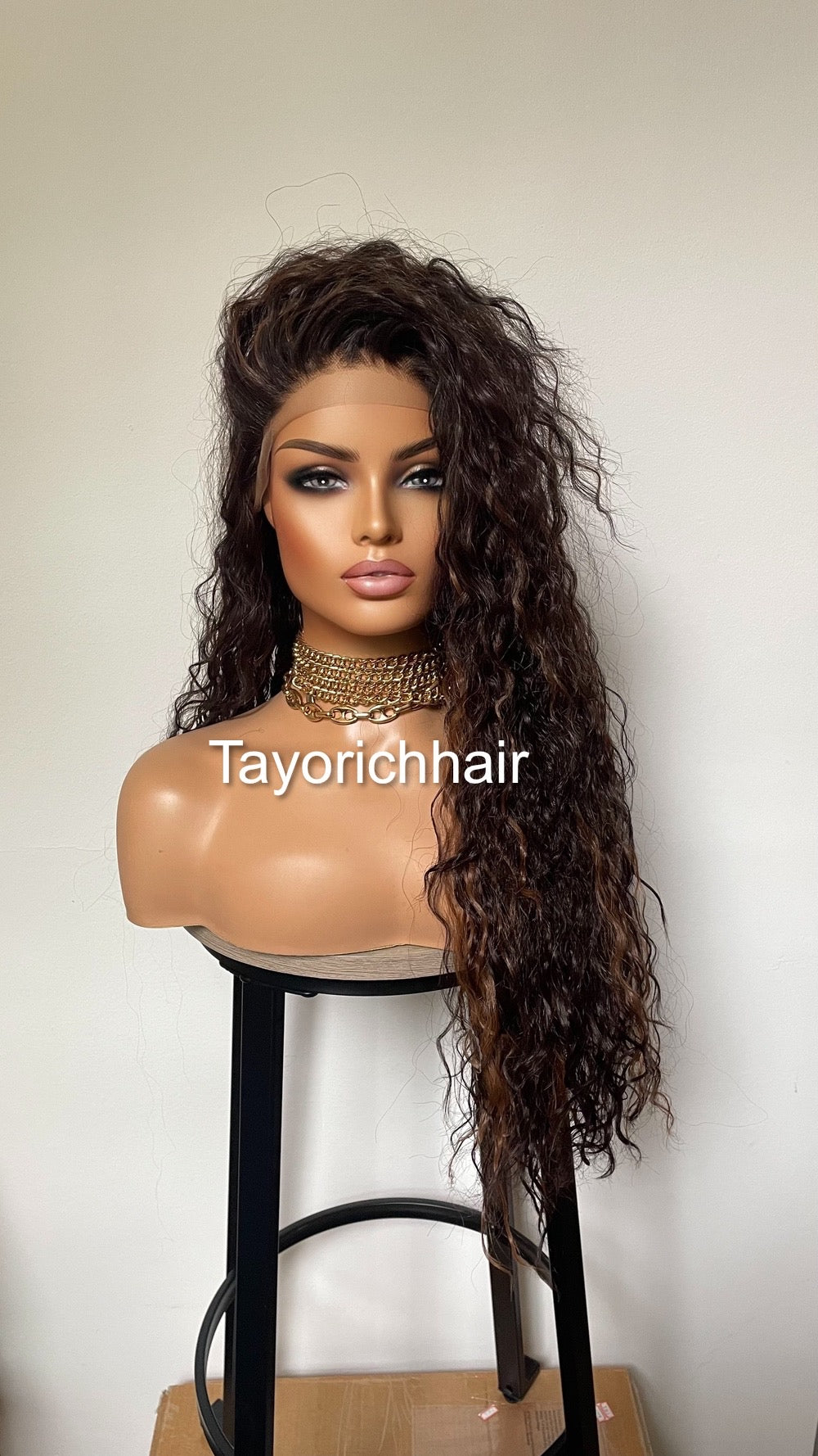 Brunette Dark Brown Curly Synthetic Wig With Highlights