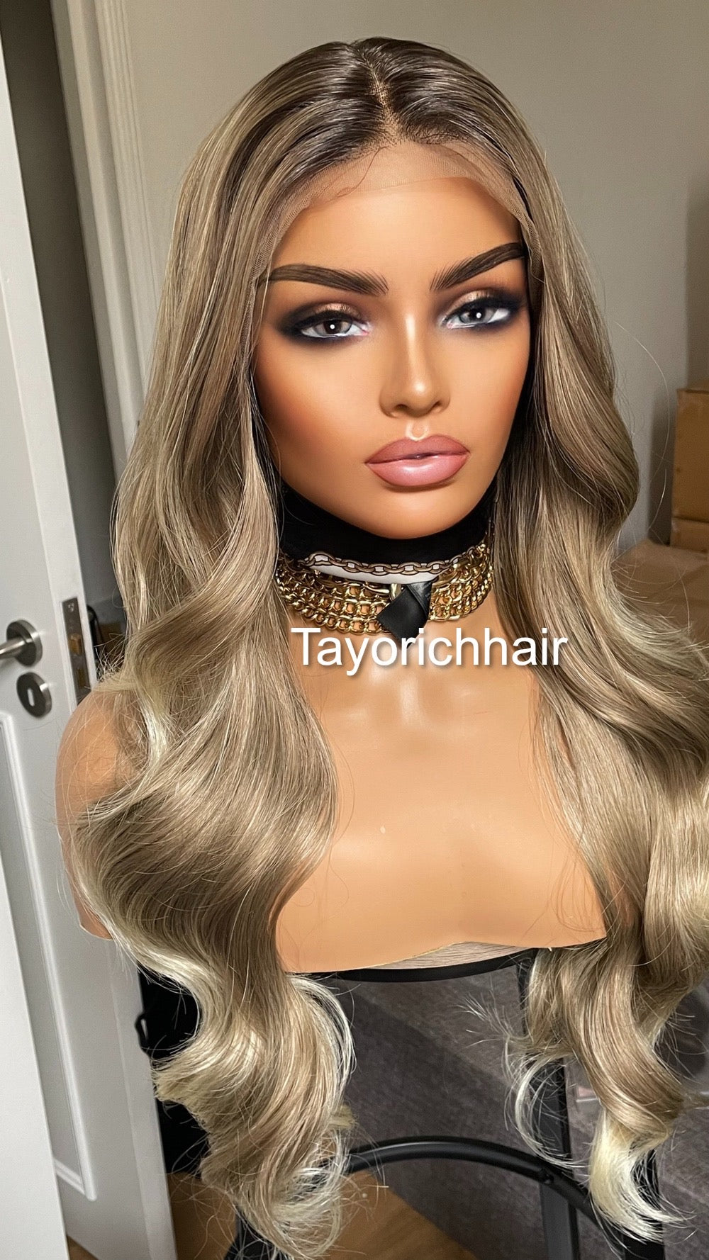 Dark Ash Blonde Synthetic Wig With Dark Roots