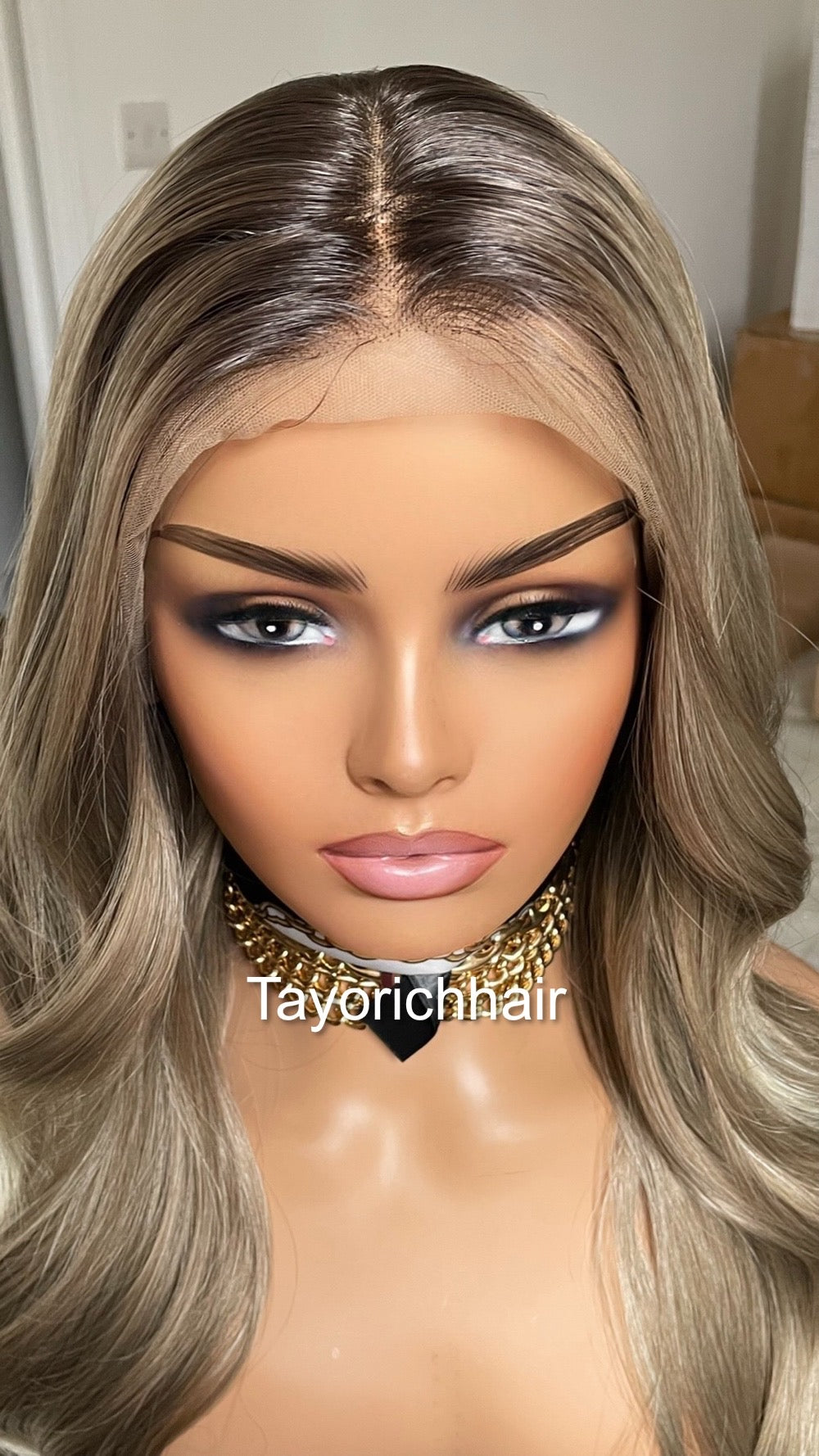 Dark Ash Blonde Synthetic Wig With Dark Roots
