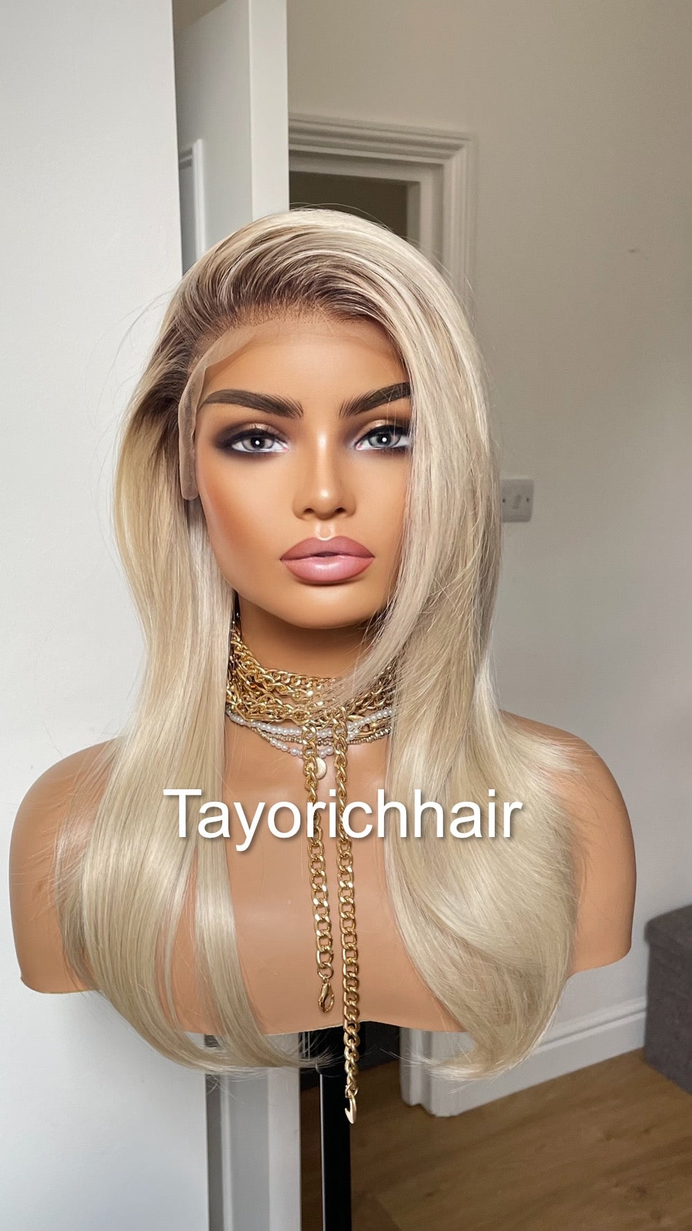 Sunkissed Light Blonde Lace Frontal Wig With Dark Roots/18 Inches Rooted Blonde Wig By Tayorichhair/Straight Blonde Wig With 13 By 4 Lace