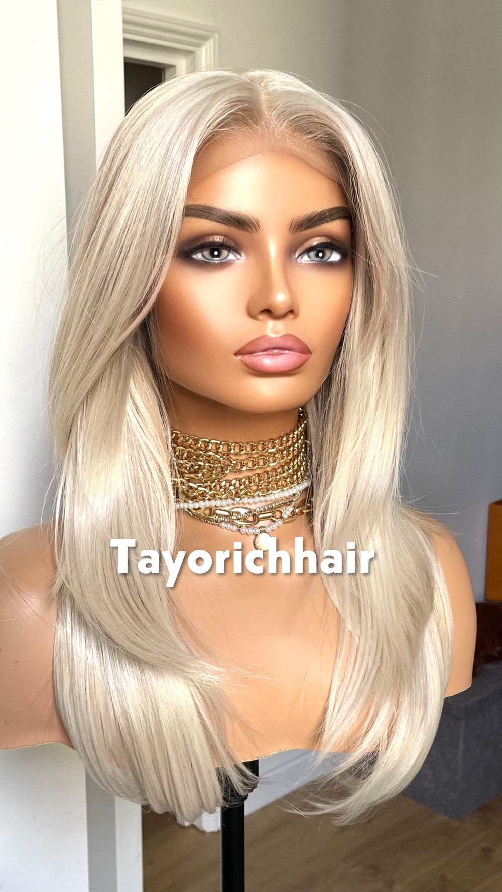 Scandinavian Platinum Blonde Lace Frontal Wig: Lowlights Heat-Friendly Synthetic Wig, 16 Inch Hair By Tayorichhair