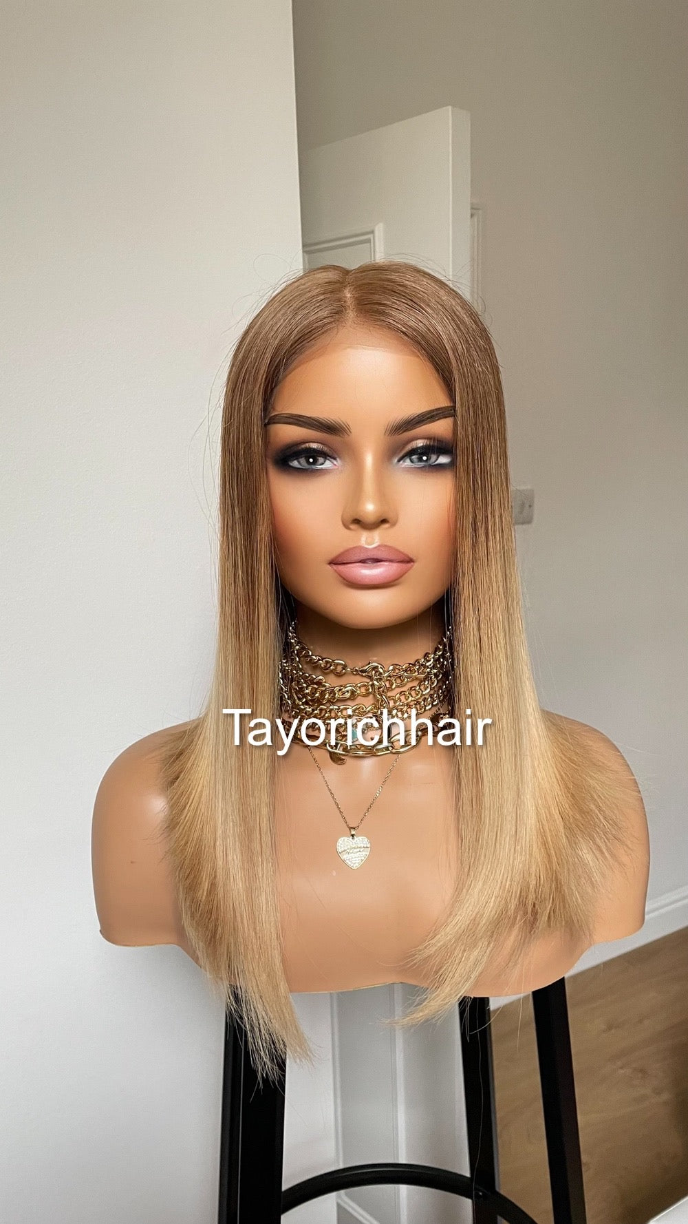 Ombre Warm Blonde Lace Top Human Hair Wig•Europe Hair Wig•16 InchesLuxury Real Hair Wig•Cuticles Aligned Hair With Tiny Knots Straight Hair