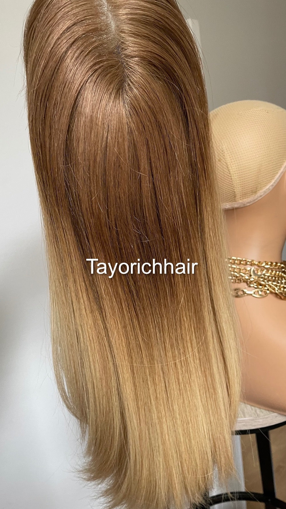 Ombre Warm Blonde Lace Top Human Hair Wig•Europe Hair Wig•16 InchesLuxury Real Hair Wig•Cuticles Aligned Hair With Tiny Knots Straight Hair