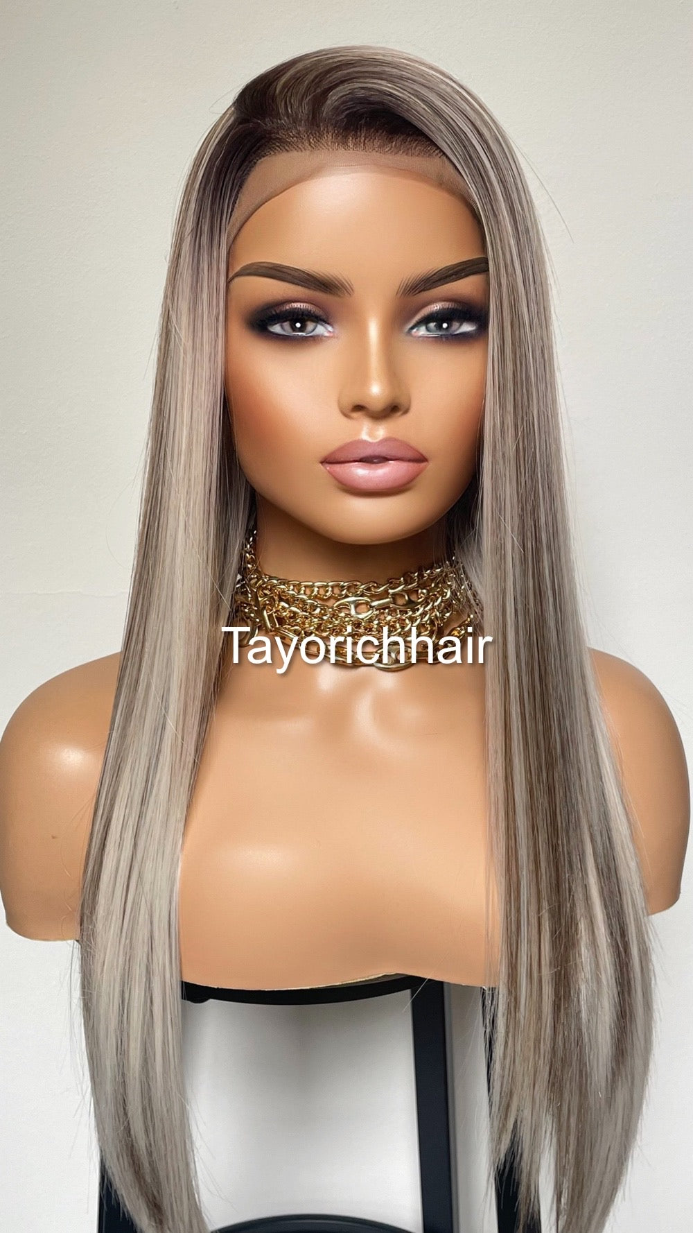Balayage Ombré Lace Front Wig/ 13x3 Lace Front/ Ash White With Dark Brown Mixed/ Long Straigh Heat Safe Synthetic Wig/ Medium Large Cap Size