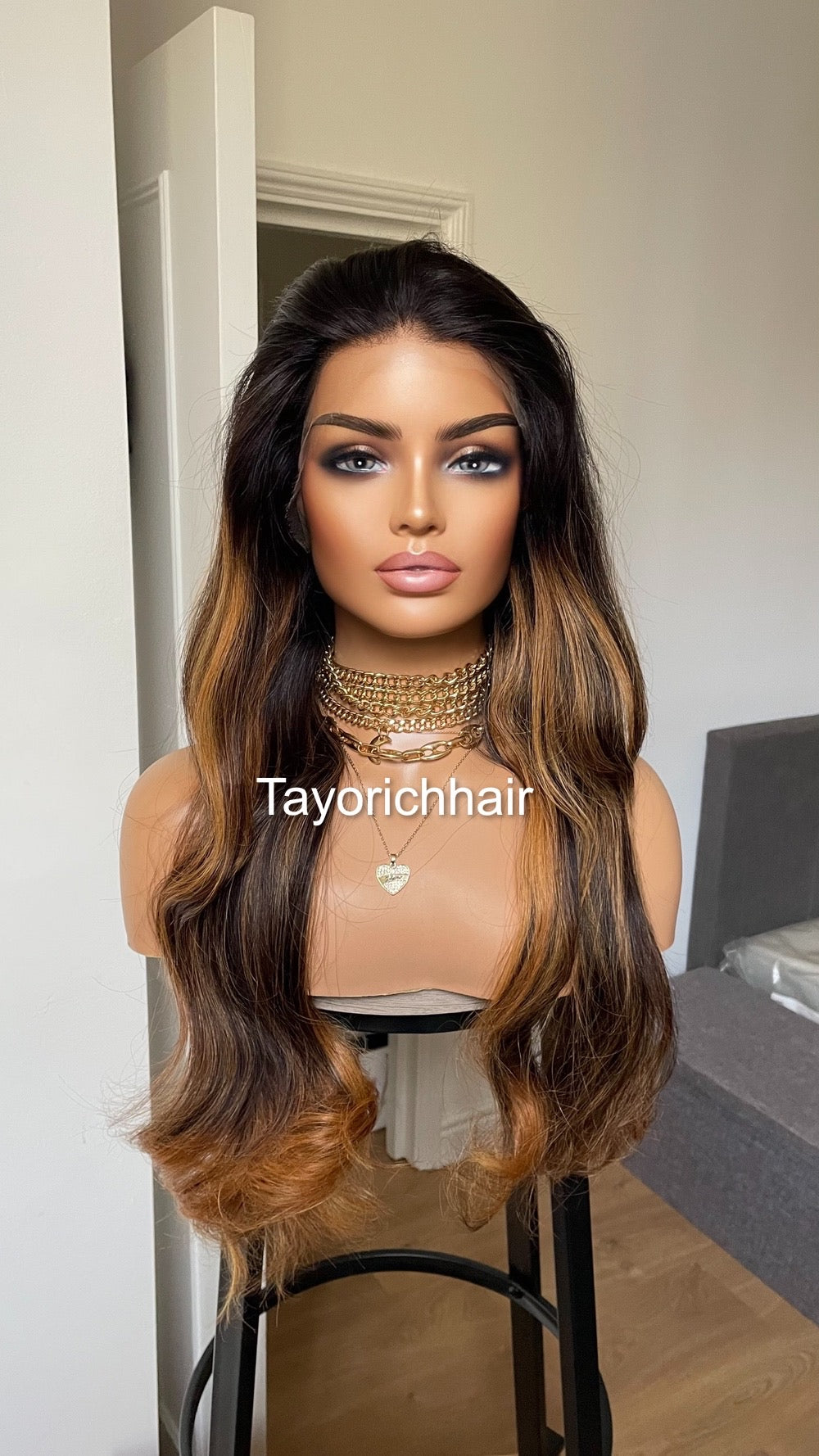 Ombre Black Real Human Hair With Warm Golden Blonde Highlights/ 24 inches Human Hair Lace Wig