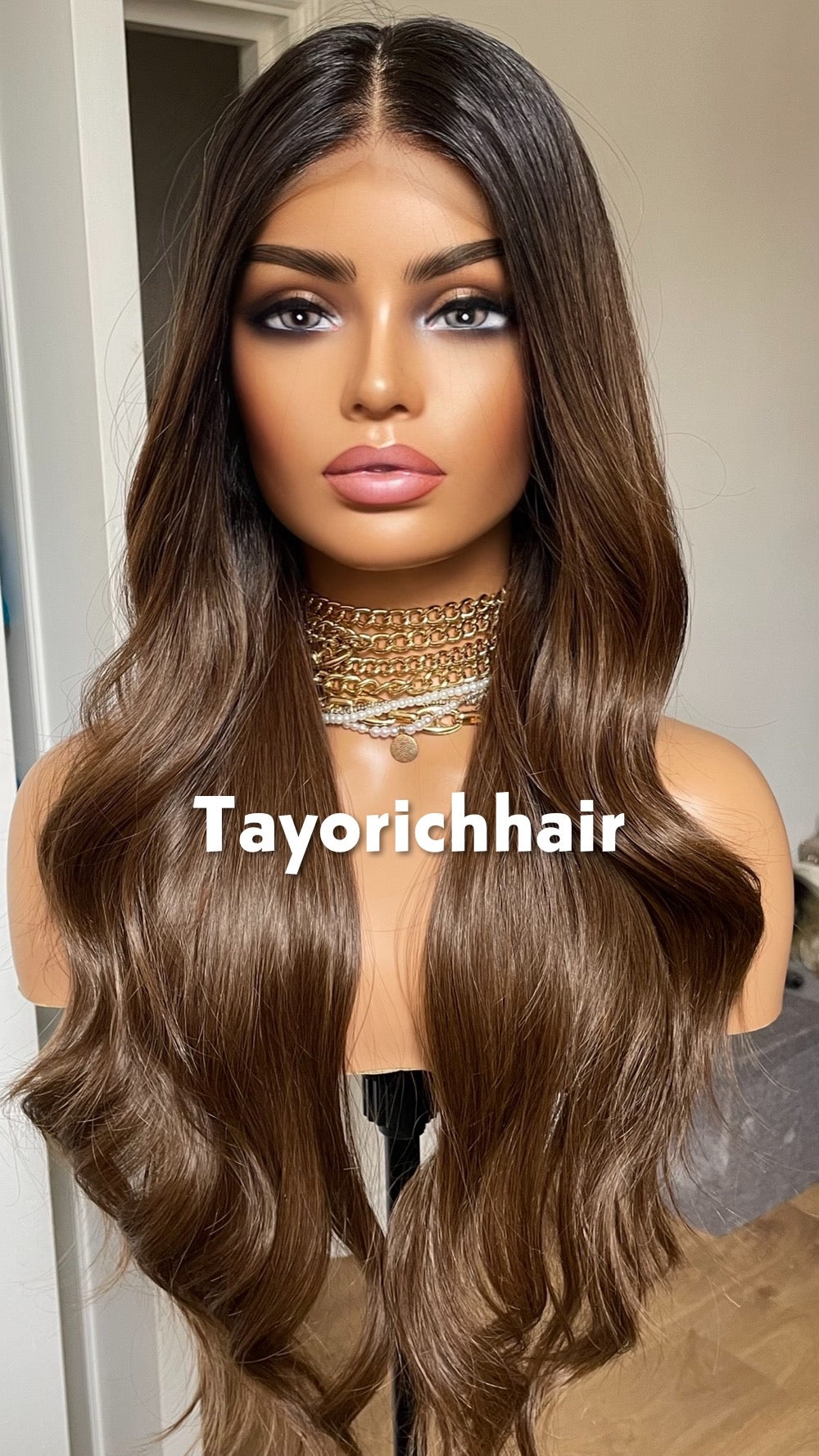 Ash Brown Synthetic Wig; Black Roots.