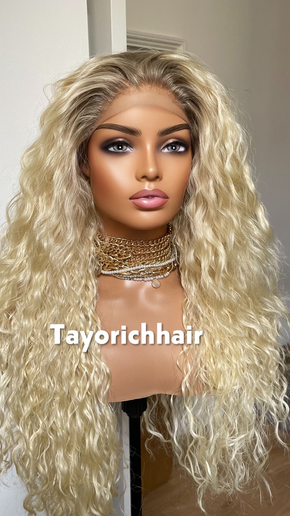 Bleach Blonde Exotic Curly Wig With Dark Roots- Shakira Curly Hair Lace Frontal Wig- Heat Friendly Curly Light Weight Wig By Tayorichhair