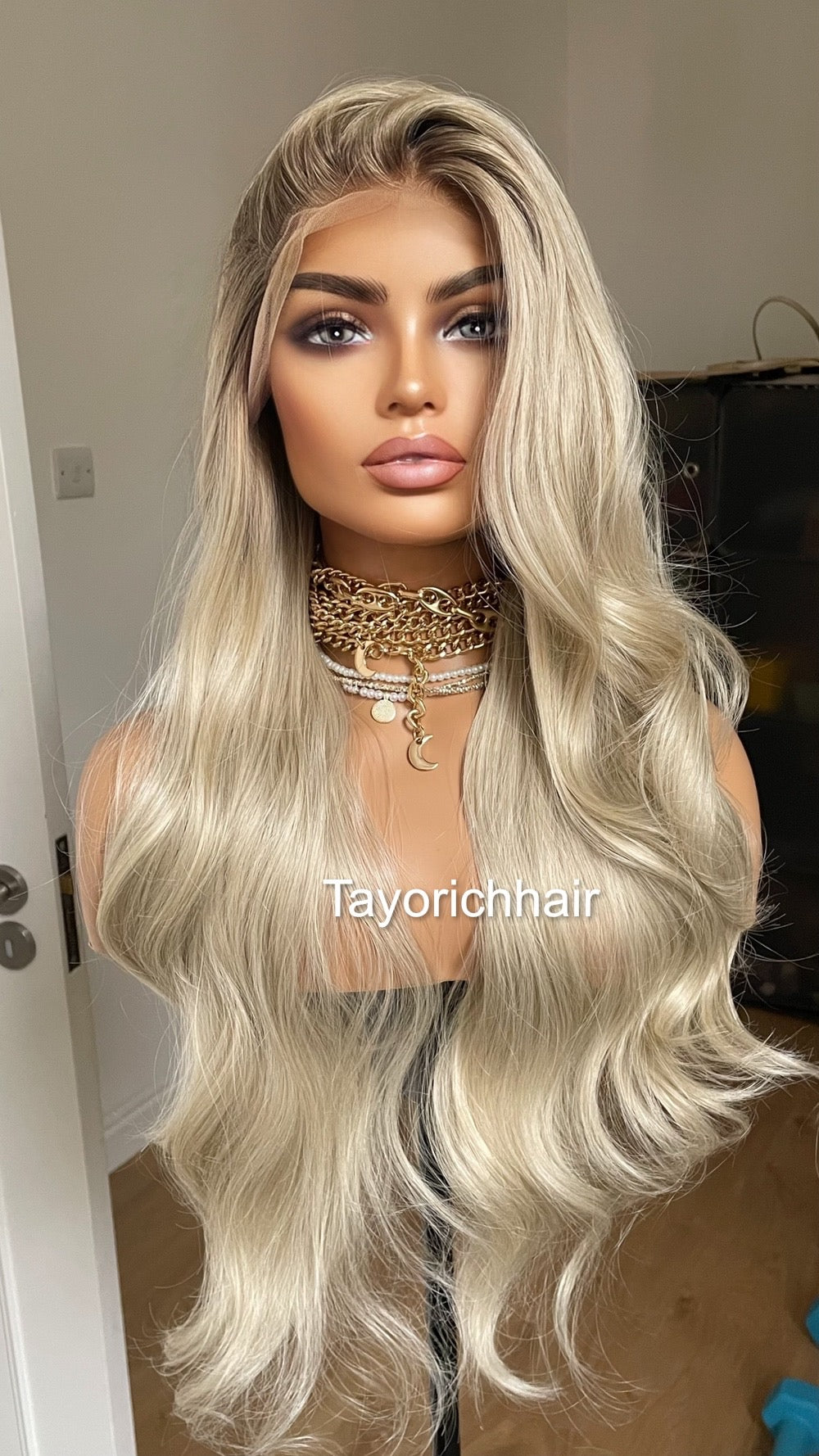 Platinum Blonde Lace Frontal Wig With Dark Ash Roots/Rooted Blonde Heat Friendly Synthetic Wig/ Blonde Bouncy Wavy Wig By Tayorichhair