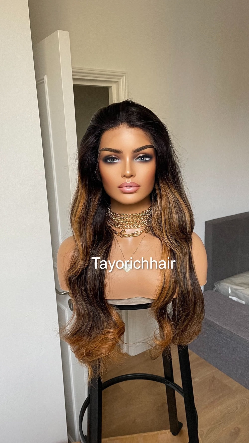 Ombre Black Real Human Hair With Warm Golden Blonde Highlights/ 24 inches Human Hair Lace Wig